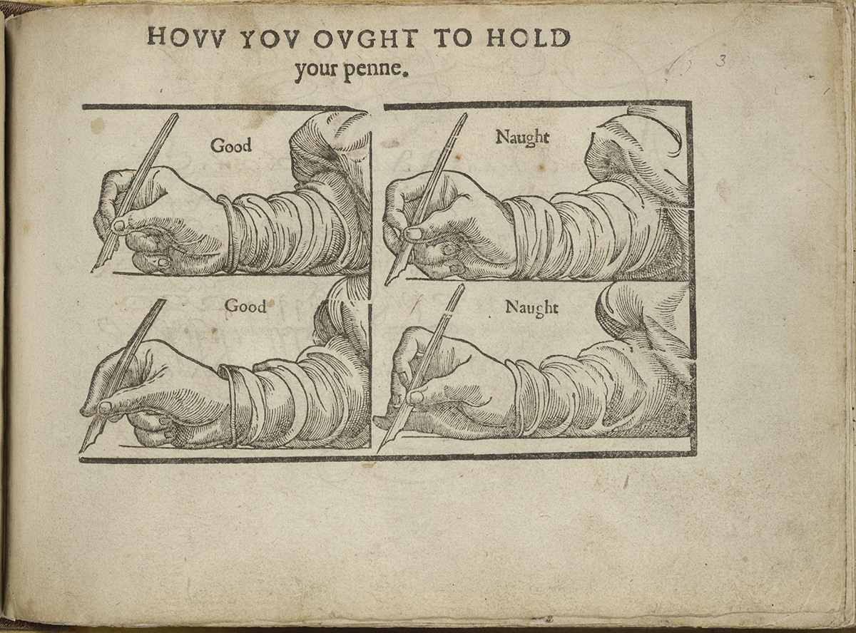 Dessin expliquant comment tenir une plume pour &eacute;crire (1611)