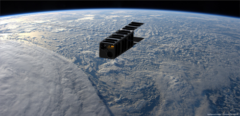 &copy; T. Pesquet ESA / NASA - Lesia / Observatoire de Paris  Impression d'artiste de PicSat en orbite autour de la Terre.