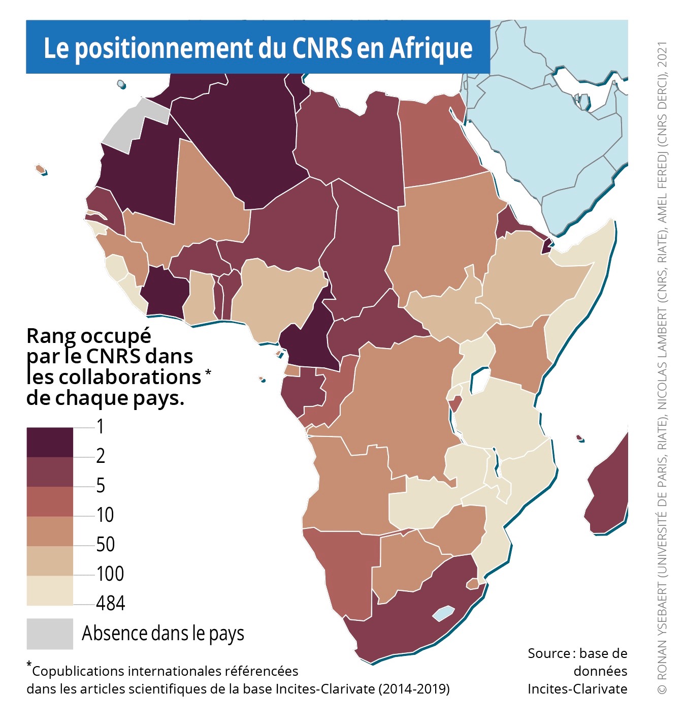 Carte donnant le rang du CNRS (de 1 &agrave; 484) dans les copublications internationales de chaque pays d'Afrique