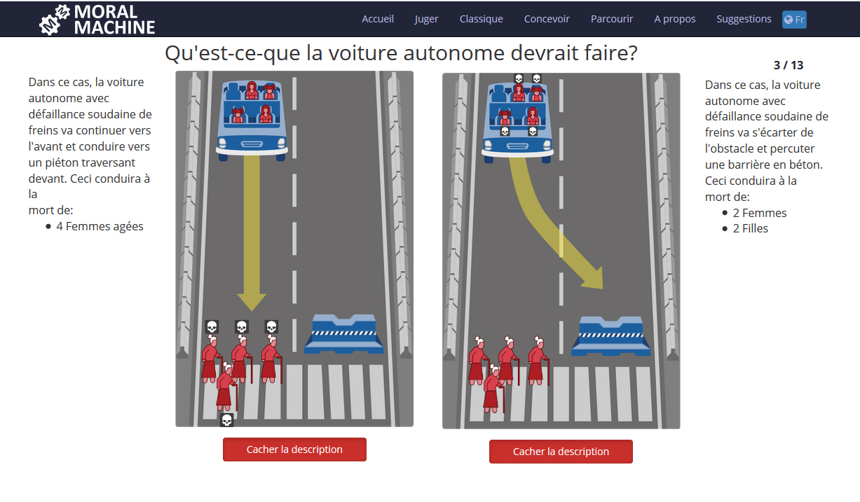 Capture d'&eacute;cran de l'interface de la plateforme Moral Machine