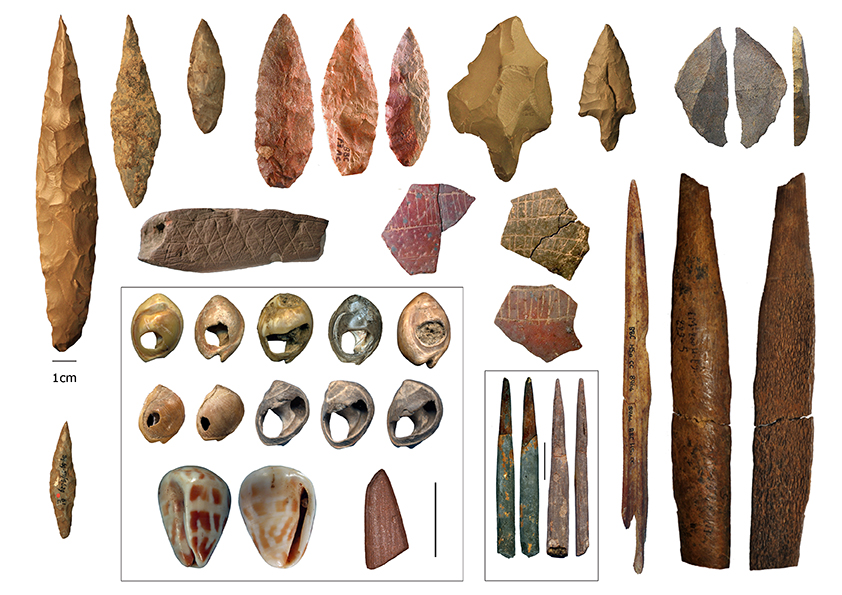 Pierres et coquillages taill&eacute;s t&eacute;moignant de l'&eacute;volution culturelle de diff&eacute;rentes r&eacute;gions d'Afrique.