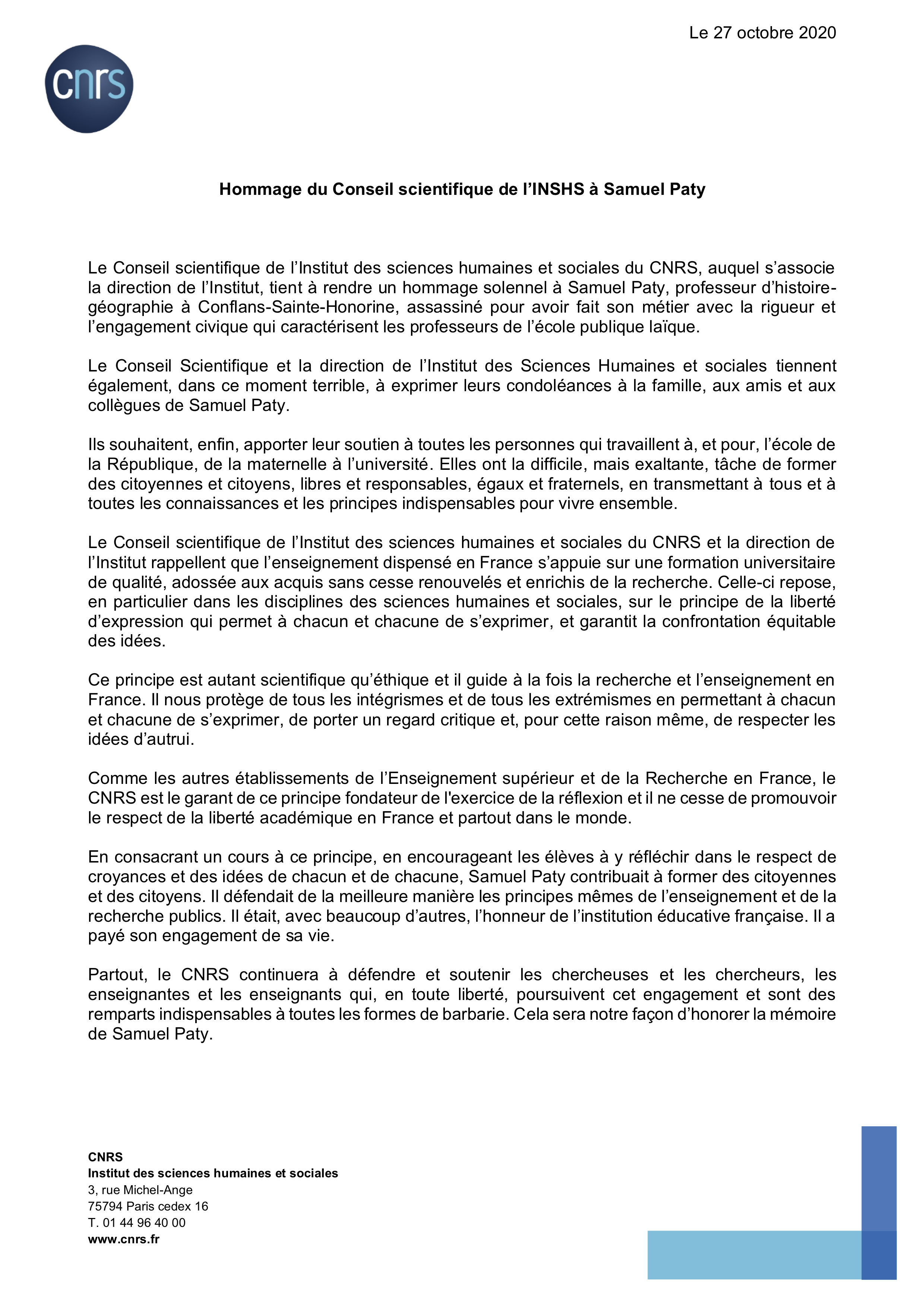 Hommage du Conseil scientifique de l&rsquo;INSHS &agrave; Samuel Paty