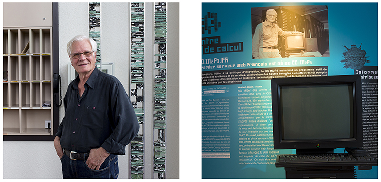 &agrave; gauche, l'ing&eacute;nieur en informatique qui a cr&eacute;&eacute; la premi&egrave;re page web en France ; &agrave; droite, son ordinateur NeXTcube expos&eacute; au mus&eacute;e de l'informatique du CC-IN2P3