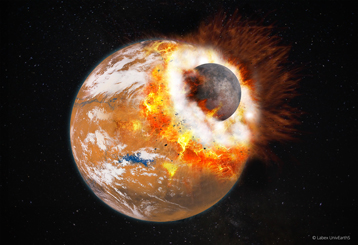 Vue d'artiste de l'impact g&eacute;ant qui aurait donn&eacute; naissance &agrave; Phobos et Deimos et au bassin d'impact Bor&eacute;alis. 