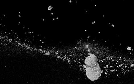 Image de l'&eacute;tape finale d'une simulation de collision catastrophique de com&egrave;tes effectu&eacute;e par les auteurs, montrant l'un des objets form&eacute;s par r&eacute;accumulation des d&eacute;bris de la collision de forme identique &agrave; Tchouri.