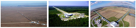 De gauche &agrave; droite : les deux d&eacute;tecteurs LIGO (&agrave; Hanford et Livingston, &Eacute;tats-Unis) et le d&eacute;tecteur Virgo (Cascina, Italie).