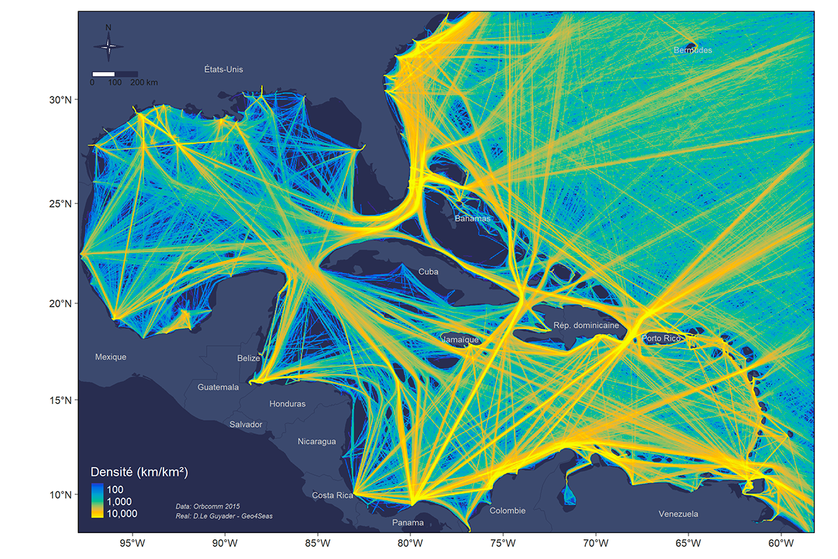 Carte des trafics de navires cargos dans les Cara&iuml;bes en 2015