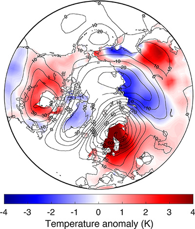 anomalies de temp&eacute;rature de surface (couleurs) et courbes de pression constante dans l&rsquo;h&eacute;misph&egrave;re nord, pour les canicules europ&eacute;ennes.