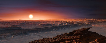 Figure 1. Vue d'artiste de la plan&egrave;te Proxima b en orbite autour de Proxima du Centaure.